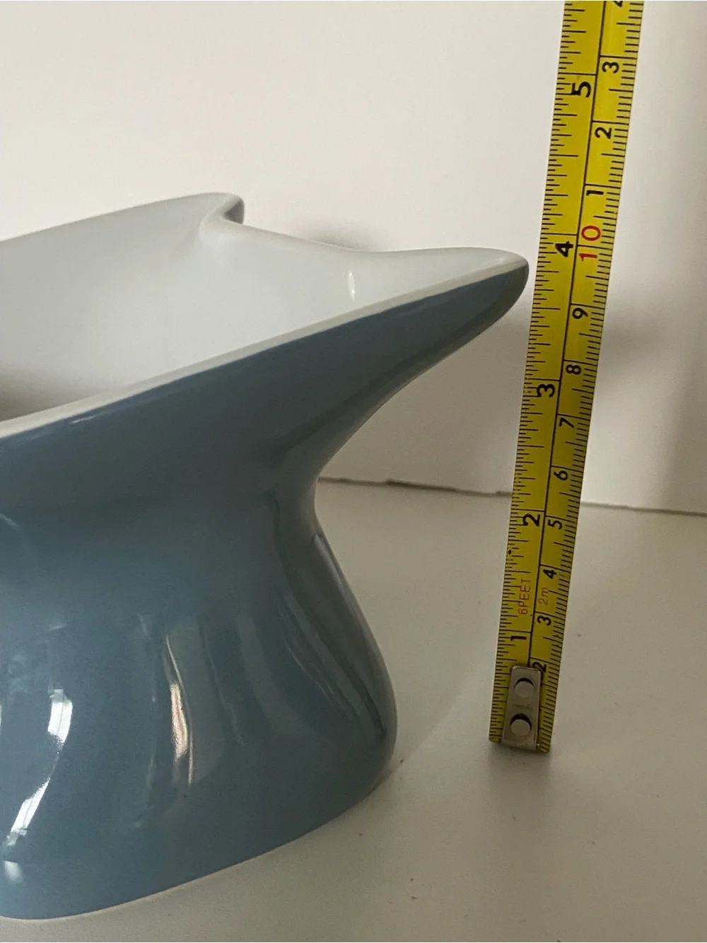 Whisker City Elevated Cat Bowl Ceramic Blue Gray EUC Kitty Face Shape 4” Tall.